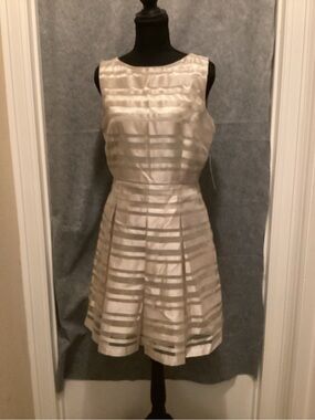 C47. Tahari Champagne Striped Satin Fit-and-Flare Mini Dress